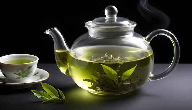 grüner Tee in einem schönen Glastopf auf schwarzem Hintergrund
