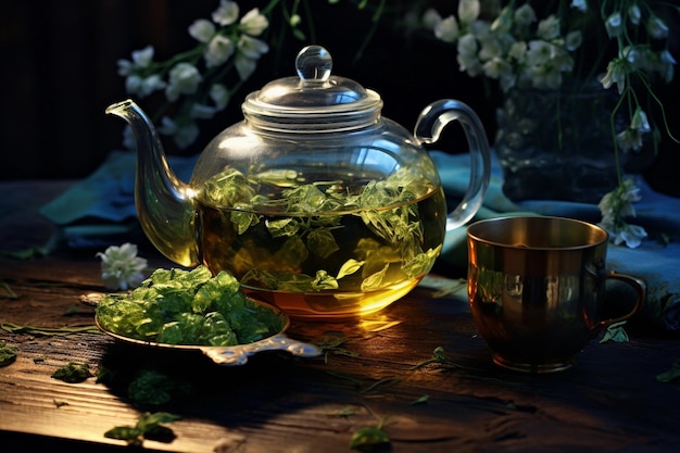 Grüner Tee mit Kräutern und grüner Teekanne auf einem Tisch