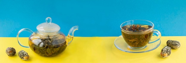 Grüner Tee mit Lotusblüte in der Teekanne aus Glas und Tasse auf dem farbigen Hintergrund Banner Kopierbereich