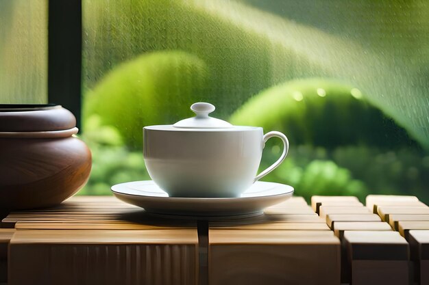 Grüner Tee wird realistisch auf den Tisch gestellt