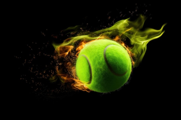 Grüner Tennisball fliegt und brennt mit Flamme auf schwarzem Hintergrund