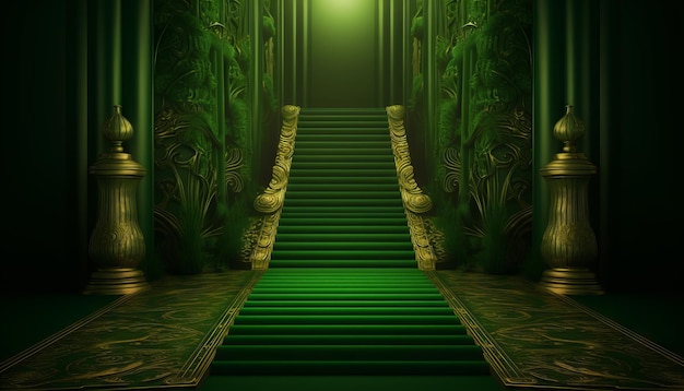 Grüner Teppich Bollywood-Bühne Grüne Treppe Scheinwerferlicht Hintergrund der Golden Regal Awards Generative ai