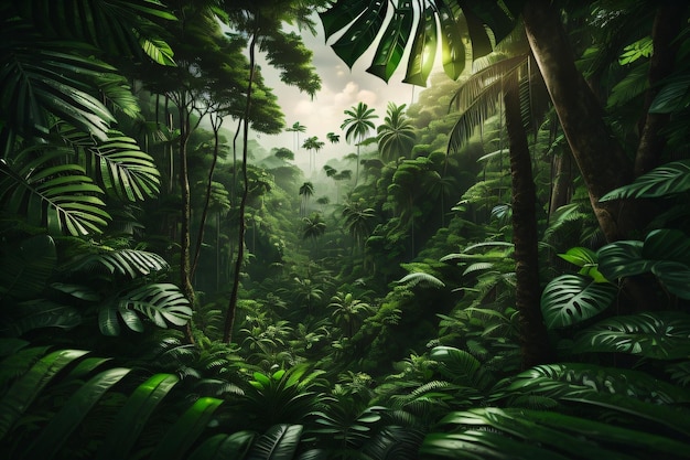 Grüner, tiefer Dschungel mit Bäumen und Pflanzen, Hintergrundbild mit generativer KI