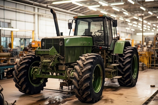 Grüner Traktor pflügt ein Getreidefeld mit wolkigen Himmeln Generative KI