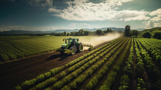 Grüner Traktor pflügt Feld auf Weinbergen Generative KI