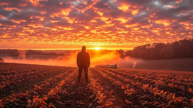 Grüner Traktor pflügt Getreidefeld mit Himmel mit Wolken