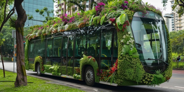 Grüner, umweltfreundlicher Stadtbus inmitten von üppigem Grün