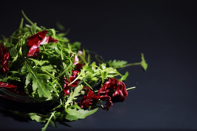 Grüner veganer Salat aus grünem Blättermix und Gemüse Frische Rucolablätter in einem Sieb