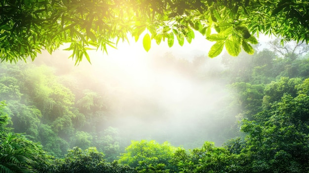Grüner Wald mit Nebel und durchfiltertem Sonnenlicht