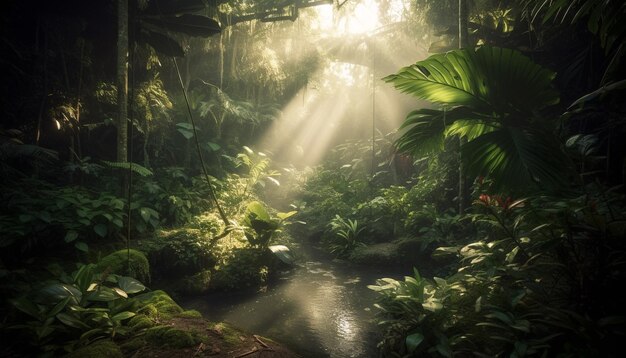 Foto grüner wald, tropischer regenwald, ruhige szene, tiere in der wildnis, erzeugt durch künstliche intelligenz.