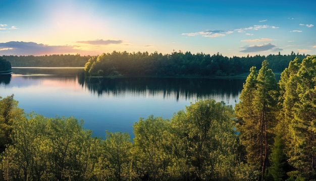 Grüner Wald und blaue See-Landschaft bei Sonnenuntergang im Sommer