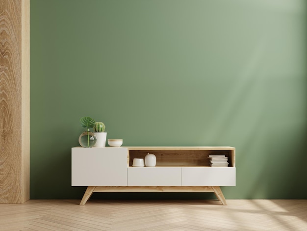Grüner wandhintergrund, modernes wohnzimmerdekor mit fernsehschrank. 3d-rendering