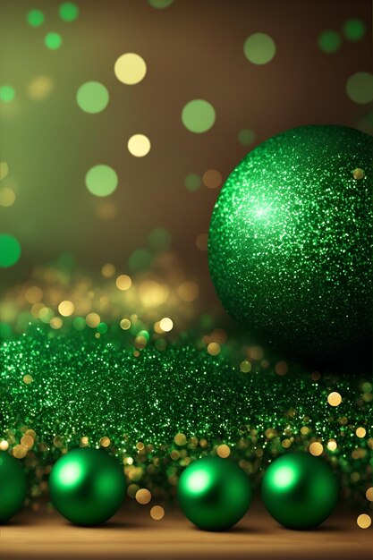 Grüner Weihnachtsball auf einem hölzernen Hintergrund mit verschwommenem Bokeh