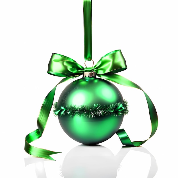 Grüner Weihnachtsball, isoliert mit einem stilvollen Band und einem Bogen