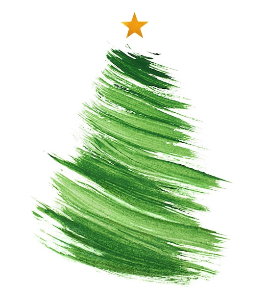 Grüner Weihnachtsbaum mit gelbem Stern lokalisiert auf weißem Hintergrund, Weihnachtskonzept