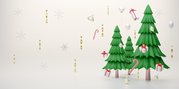 grüner Weihnachtsbaum mit Geschenkkiste und Ornamenten in weißer Komposition für moderne Bühnenvorstellung und minimalistisches Mockup Konzept Weihnachten und ein festliches Neujahr 3D-Illustration oder 3D-Rendering