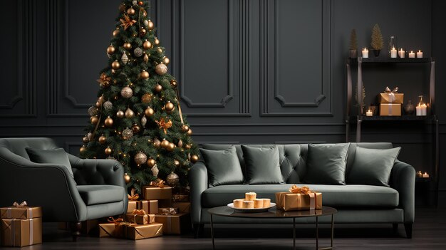 Grüner Weihnachtsbaum mit grauen Geschenkkisten in der Nähe des Sofas