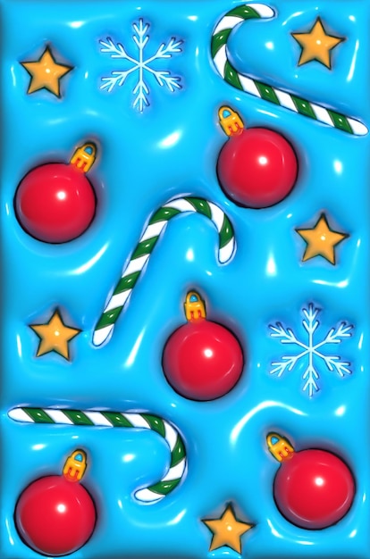 Grüner Weihnachtshintergrund mit Bonbonkugeln und Schneeflocken 3D-Darstellung