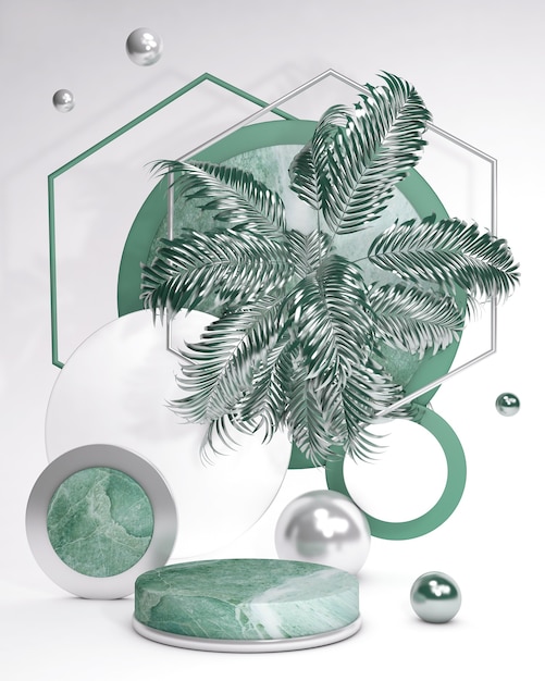 Grünes 3D-Sockelpodest mit Palmenblatt gegen weiße Wand Marmorsommeranzeige-Schaufenster für Schönheitskosmetikprodukte Trendy abstrakte vertikale Illustration