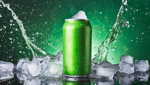 Foto grünes aluminium-dose-mockup mit dynamischem wasserspritz und eiswürfeln bier- oder soda-getränke-paket