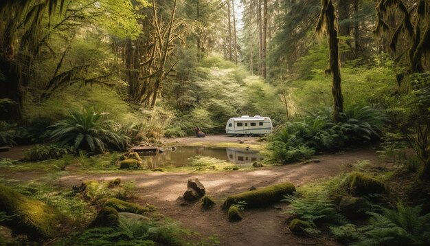 Grünes Auto rast durch eine ruhige, von KI generierte Waldlandschaft