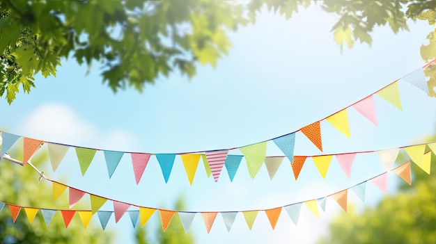 Grünes Baumblatt und blauer Himmel mit einem Banner für Sommerfeiern Mockup-Bild