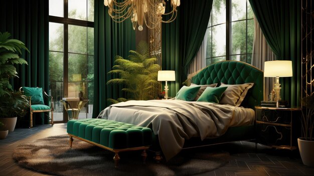 Grünes Bett und Kronleuchter in einem Schlafzimmer