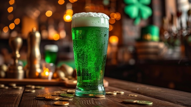 Grünes Bier in einem irischen Pub mit St. Patrick's Day-Dekoration, grüner Tophut und Goldmünzen, KI-generiert