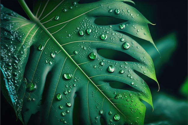 Grünes Blatt Hintergrund Nahaufnahme mit Tautropfen auf den Blättern Naturlaub Zusammenfassung der Blatttextur für das Konzept des grünen Geschäfts und der Ökologie für organischen grünen Hintergrund Generative KI