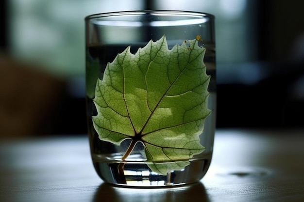 grünes Blatt in einem Glas auf einem Holztisch im Wohnzimmer