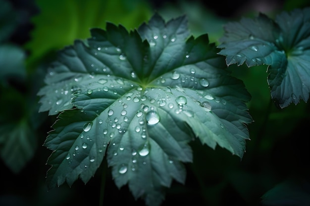 Grünes Blatt mit Wassertropfen darauf im Dunkeln