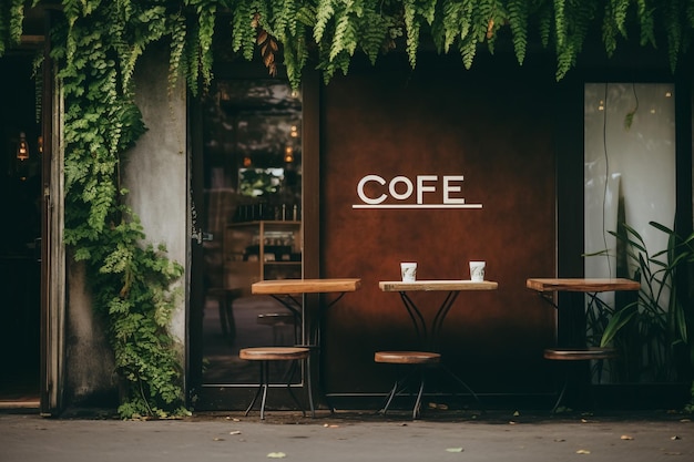 Grünes Blatt vor verschwommenem Hintergrund im Kaffeecafé