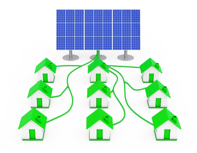 Foto grünes energiekonzept. viele häuser mit dem solarpanel auf weißem hintergrund verbunden. 3d-rendering.