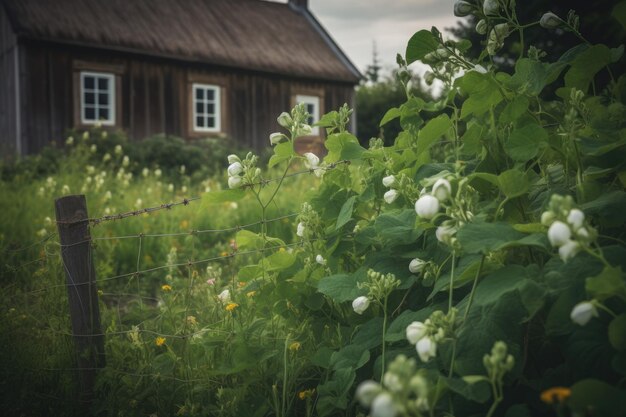 Grünes Erbsenbett rustikales Cottage im Hintergrund generative IA