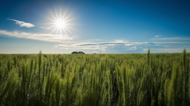 Grünes Feld, blauer Himmel und Sonne