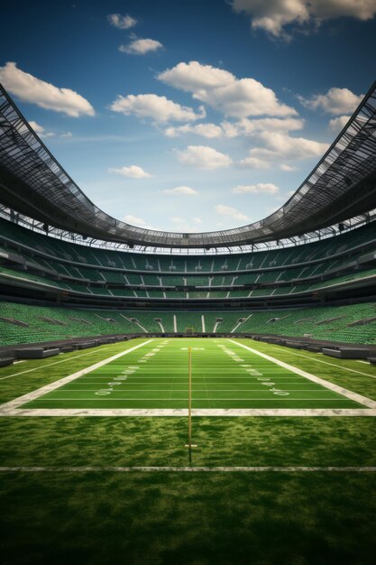 Foto grünes feld eines american-football-stadions bereit für das spiel im mittelfeld