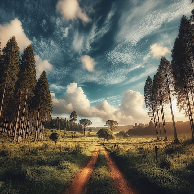 Grünes Feld mit Bäumen und Wolken am Himmel