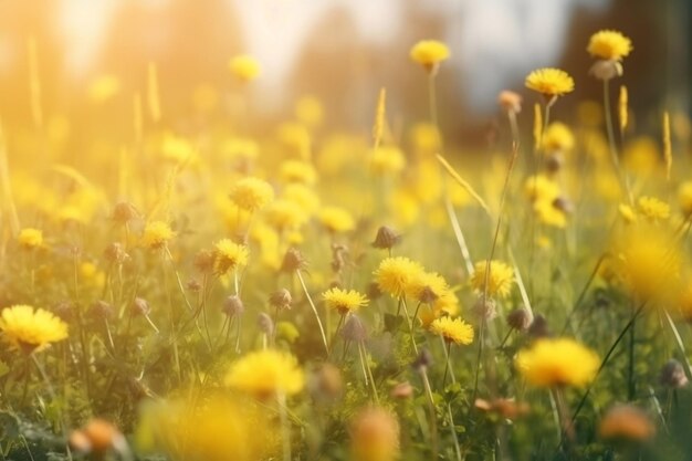 Grünes Feld mit gelbem Löwenzahn Nahaufnahme gelber Frühlingsblumen auf dem Boden KI-generierte Illustration