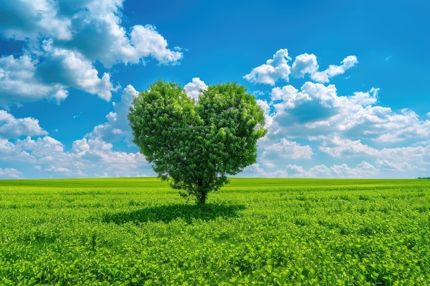 Grünes Feld mit herzförmigen Bäumen unter blauem Himmel Schönheit der Natur Valentinstag Konzept Hintergrund