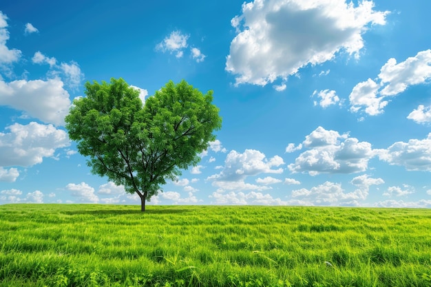 Grünes Feld mit herzförmigen Bäumen unter blauem Himmel Schönheit der Natur Valentinstag Konzept Hintergrund