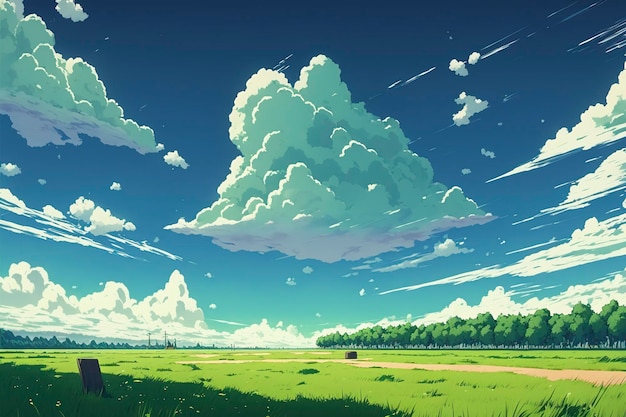 Grünes Feld, Tageshimmel bewölkt Anime-Hintergrund