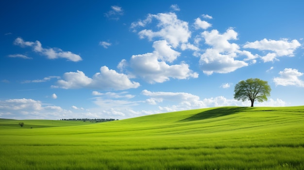 grünes Feld und blauer Himmel Feld und Wolken