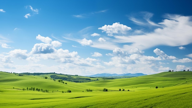 grünes Feld und blauer Himmel Feld und Wolken