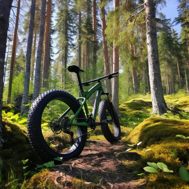 Grünes fett Fahrrad, das sich gegen einen Baum in der Mitte eines dichten grünen Waldes lehnt