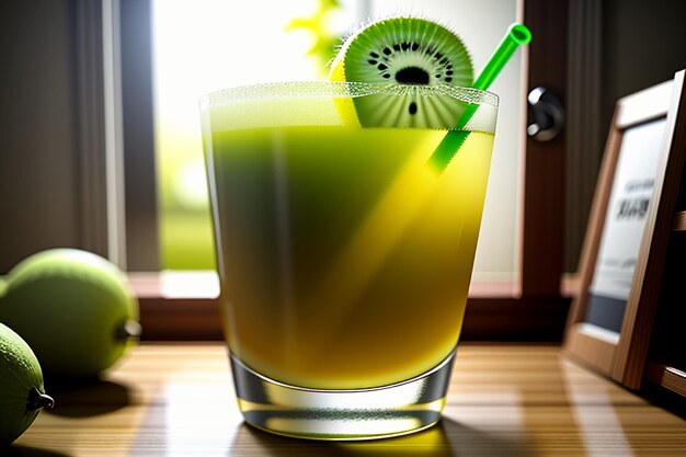 Grünes Frucht-Kiwi-Saftgetränk auf dem Tisch