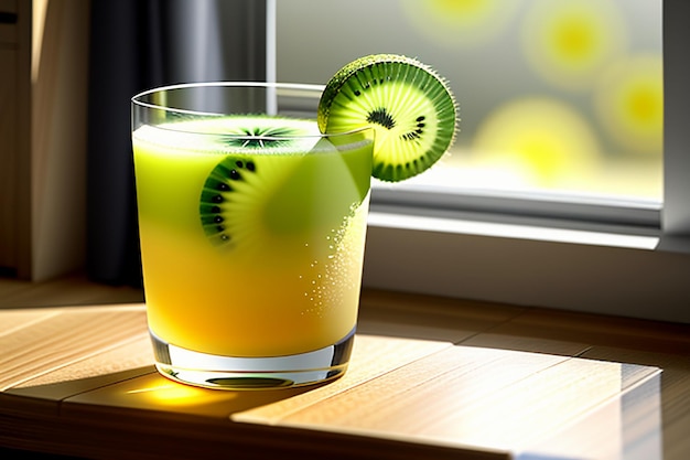 Grünes Frucht-Kiwi-Saftgetränk auf dem Tisch