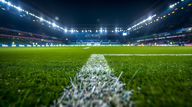 Grünes Fußballfeld mit weißen Linien unter Stadionlichtern