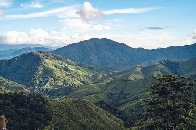 Grünes Gebirgstal nan thailandgrüne Gebirgsfelder mit blauem Himmel