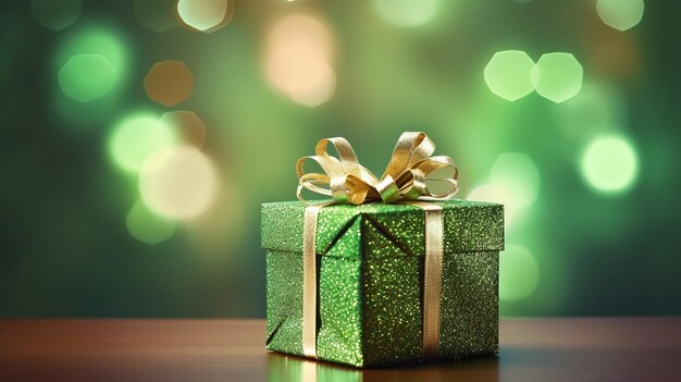 Grünes Geschenk mit einer goldenen Schleife auf einem leichten Bokeh-Hintergrund