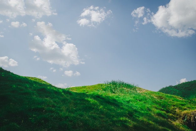 Grünes Gras auf Berg mit blauem Himmel